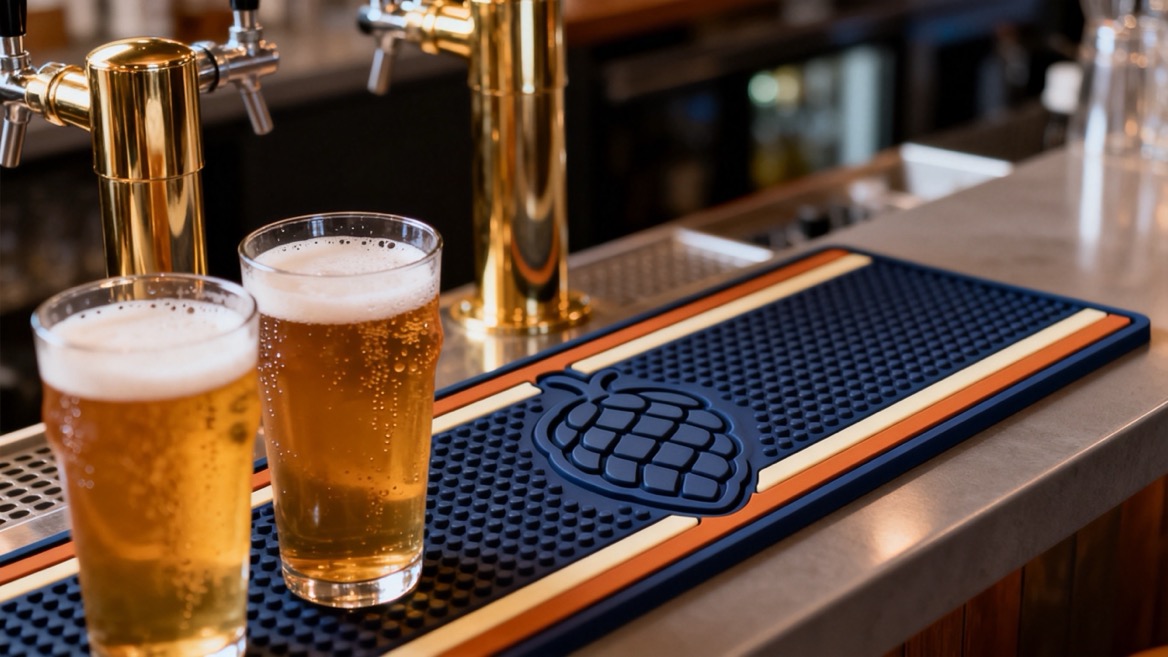 Custom Brewery Bar Mat On Taproom Counter
