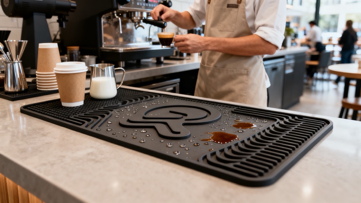 Custom PVC Coffee Mat In Busy Coffee Shop Custom PVC Coffee Mat In Busy Coffee Shop